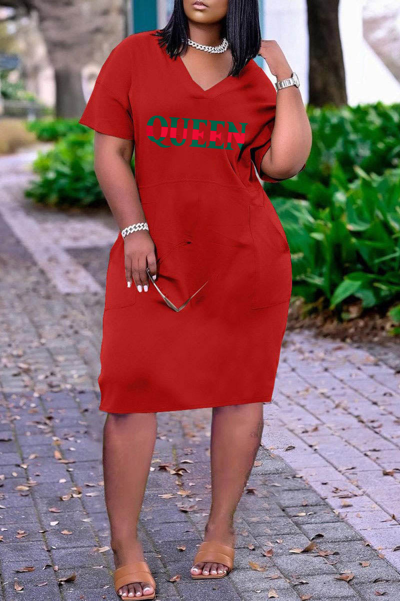 Online-clothing-plus-size-casual-graphic-basic-v-neck-short-sleeve-midi-dress-1