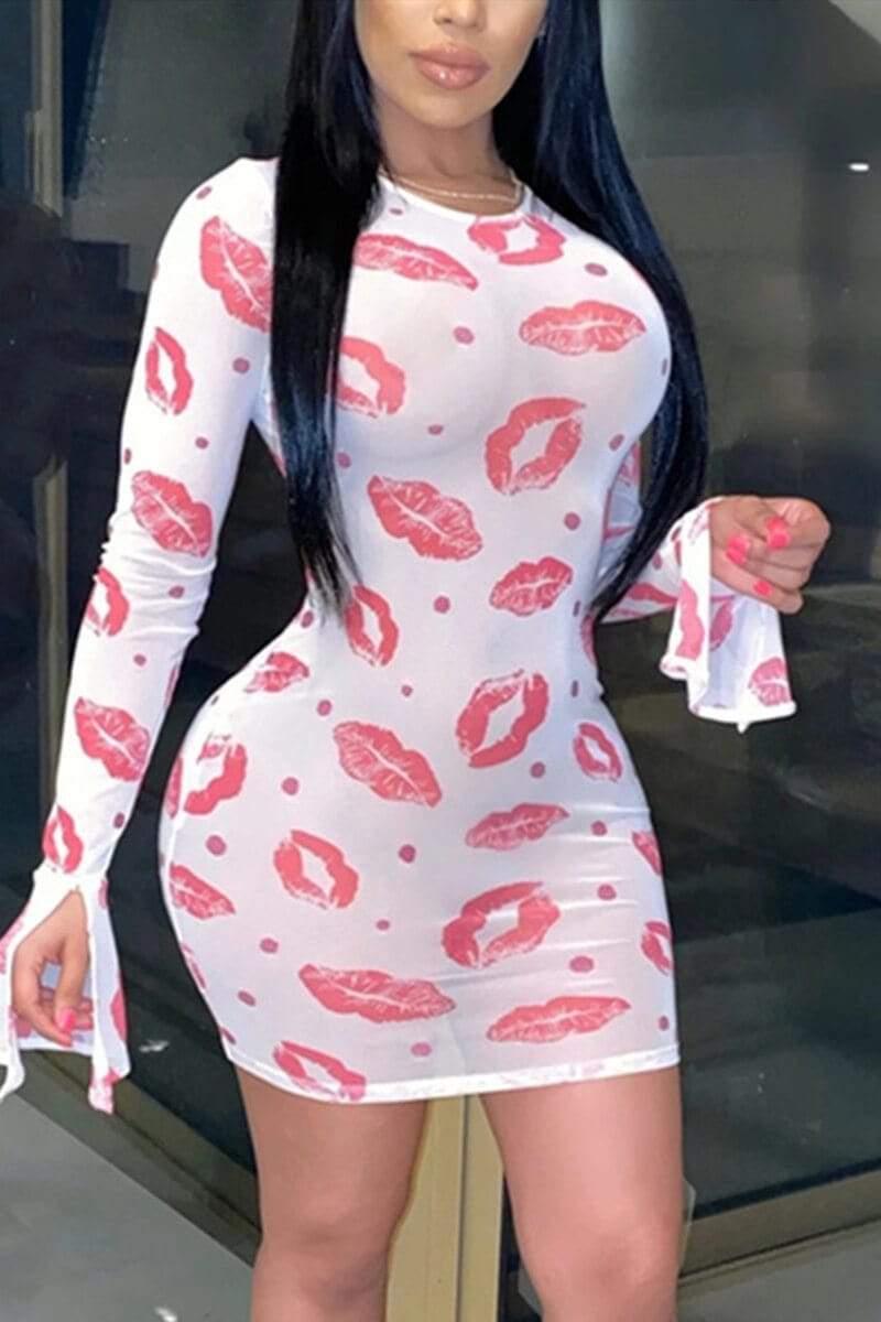 Sexy Perspective Mesh Lip Print Dress