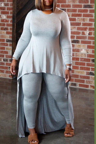 Plus Size Solid Long Sleeve Floor Length Top Leggings Pants Two Pieces Set