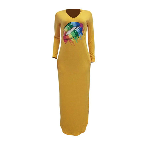 Fashion Rainbow Lips Offset Split Dress