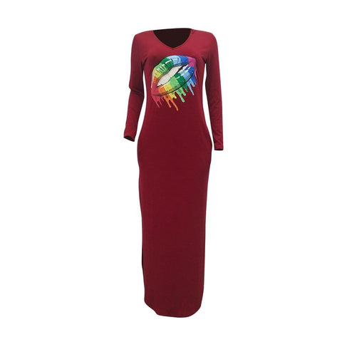 Fashion Rainbow Lips Offset Split Dress