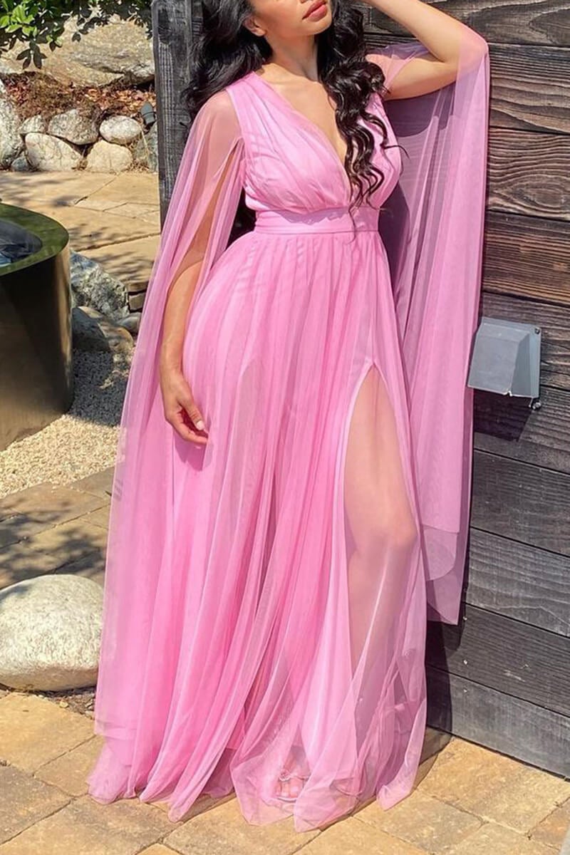 Online-clothing-plus-size-solid-v-neck-sleeveless-shawl-tulle-elegant-party-maxi-dress