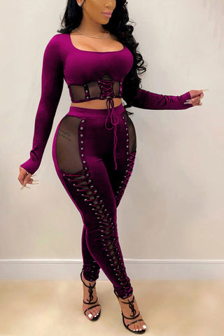 Plus Size See-through Bandage Sexy Legging Pants Two Pieces Set