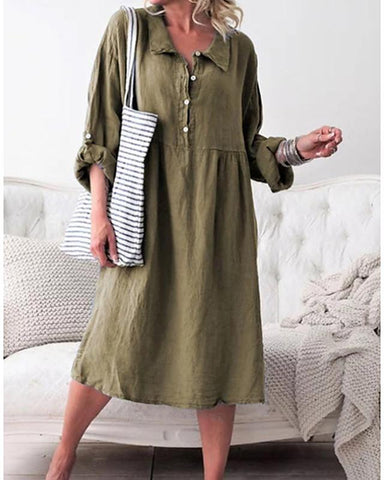 Women's Shirt Dress Midi Dress - Long Sleeve Solid Color Shirt Collar Hot Denim Blue Purple Army Green Orange Khaki S M L XL XXL
