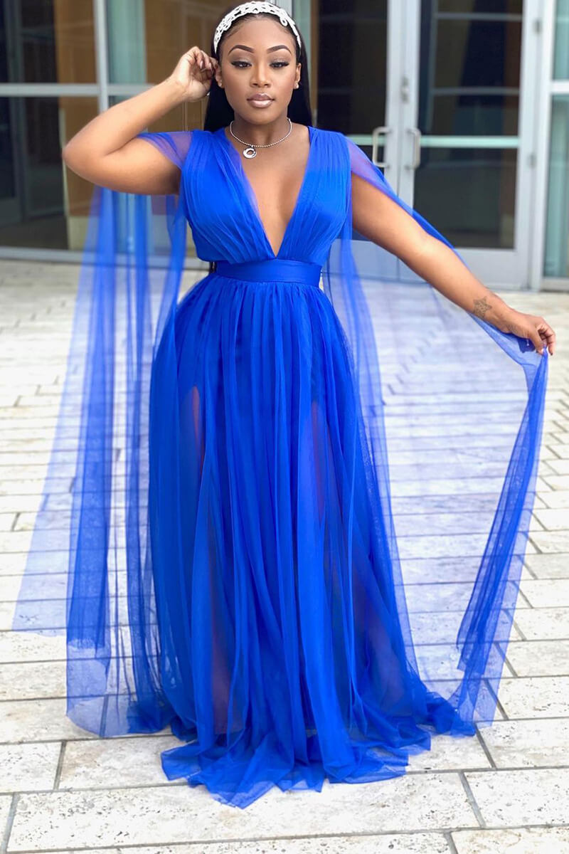 Online-clothing-plus-size-solid-v-neck-sleeveless-shawl-tulle-elegant-party-maxi-dress