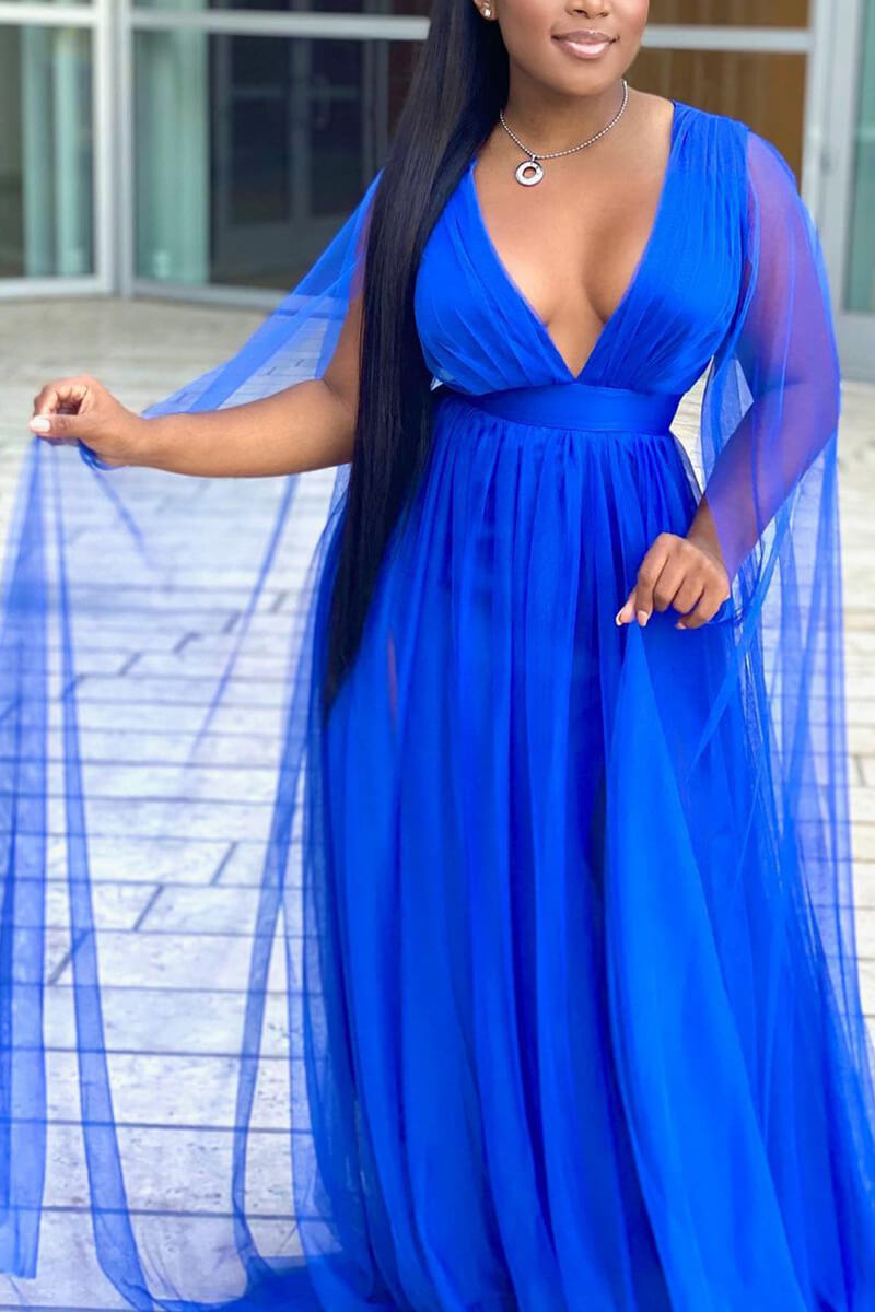 Online-clothing-plus-size-solid-v-neck-sleeveless-shawl-tulle-elegant-party-maxi-dress
