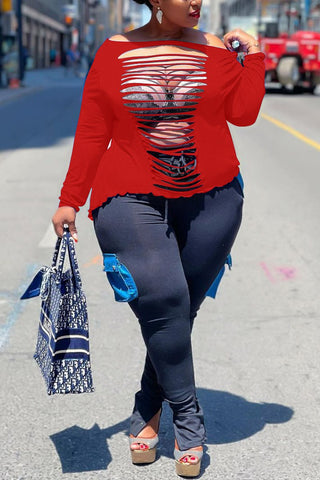 Plus Size Off Shoulder Hole Distressed Top