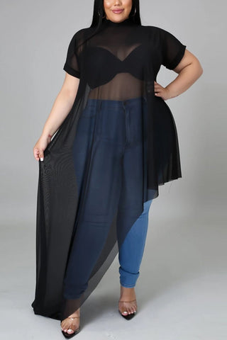 Asymmetric Hem Plus Size See-through Dress