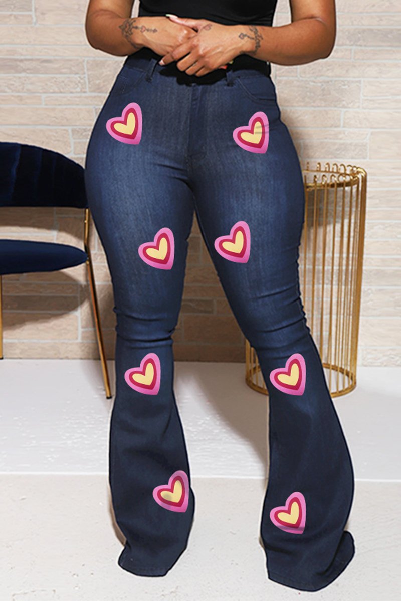 Rodress-freeshipping-heart-print-flared-hem-denim-plus-size-pants
