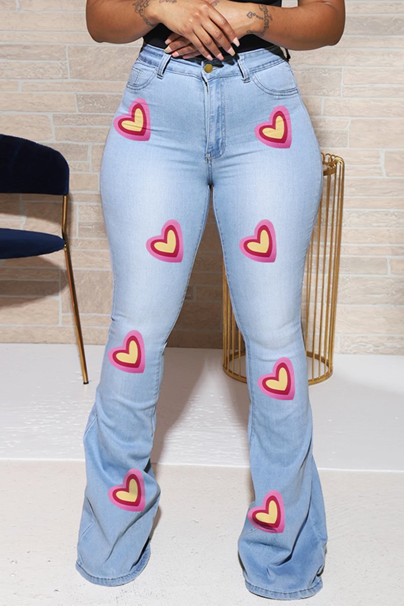 Heart Print Flared Hem Denim Plus Size Pants