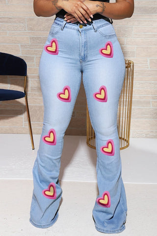 Heart Print Flared Hem Denim Plus Size Pants