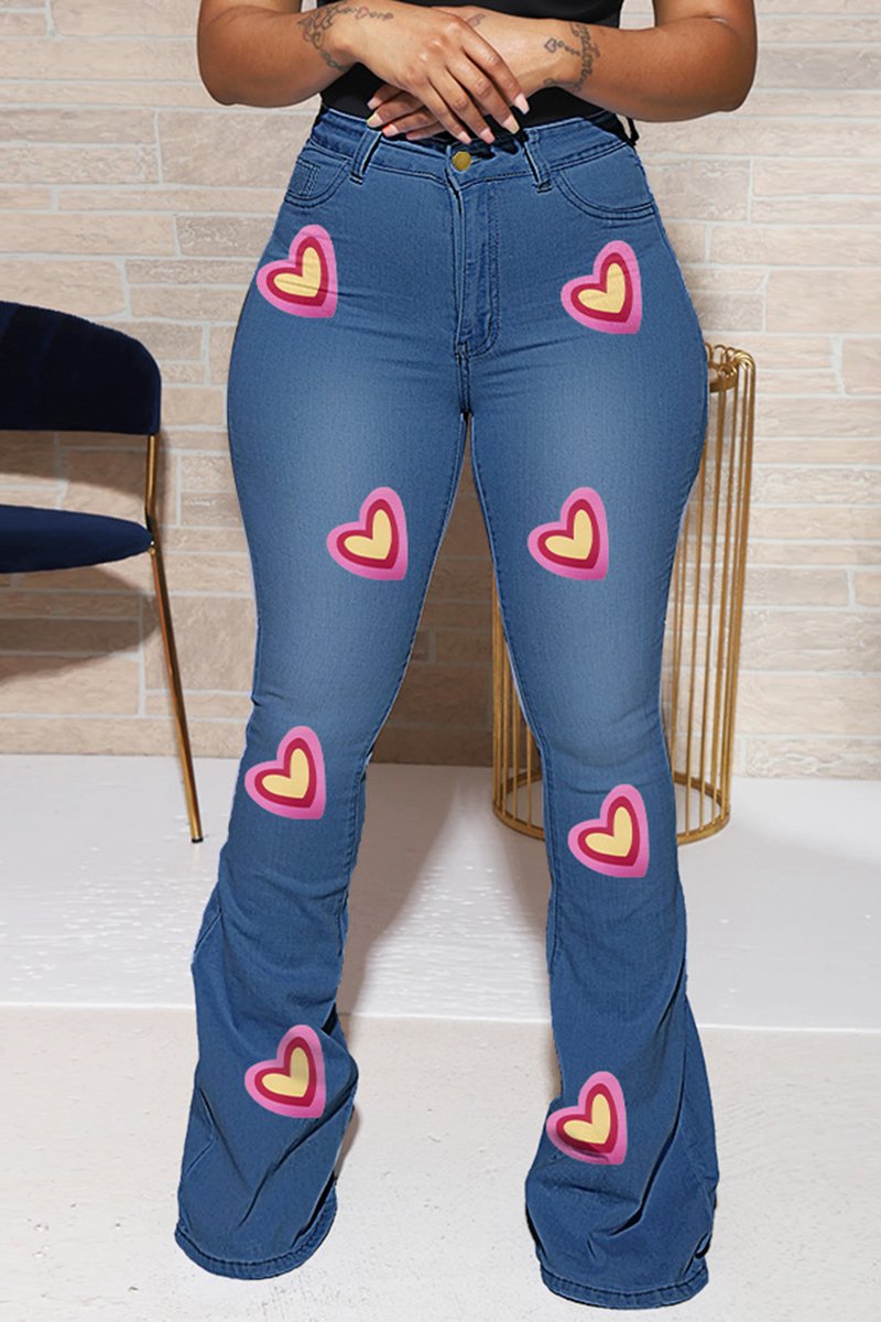 Rodress-freeshipping-heart-print-flared-hem-denim-plus-size-pants
