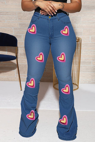Heart Print Flared Hem Denim Plus Size Pants
