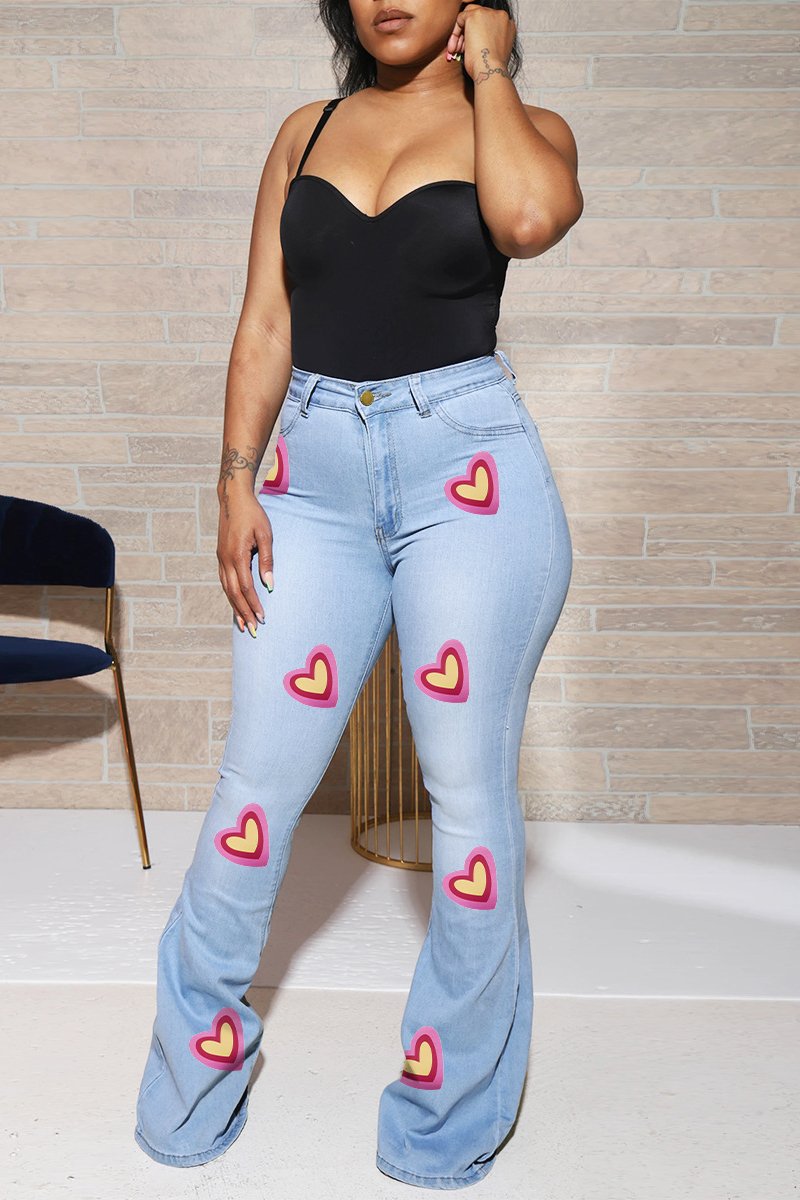 Rodress-freeshipping-heart-print-flared-hem-denim-plus-size-pants