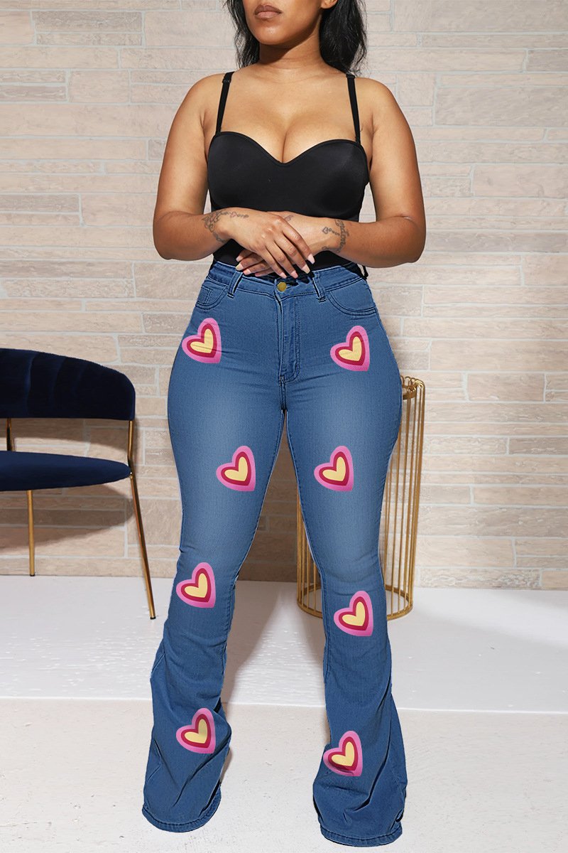 Rodress-freeshipping-heart-print-flared-hem-denim-plus-size-pants