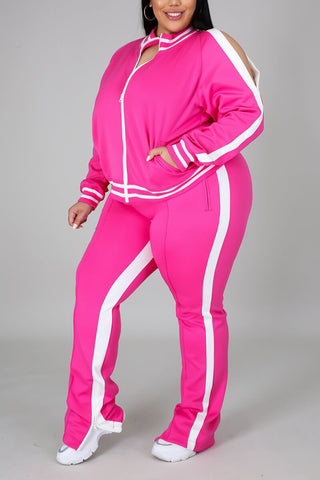 Plus Size Cold Shoulder Striped Top Slit Sweatpants Jogger Outfit Matching Set