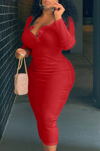 Plus Size Plain Midi Dresses Sexy Solid Split Joint V Neck Pencil Skirt