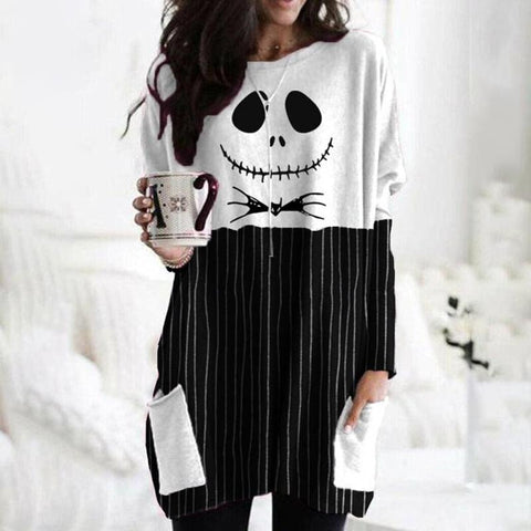 Halloween Skull Face Check Print Pocket Sweatshirt Dress
