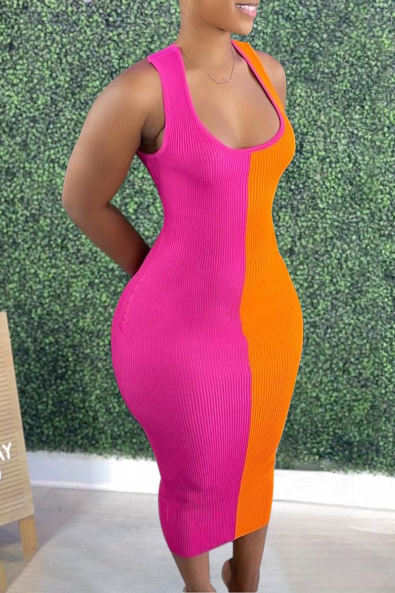 Back Cutout Color Spliced Sleeveless Dress