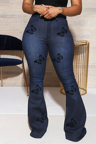 Denim Plus Size Butterfly Print Flared Pants
