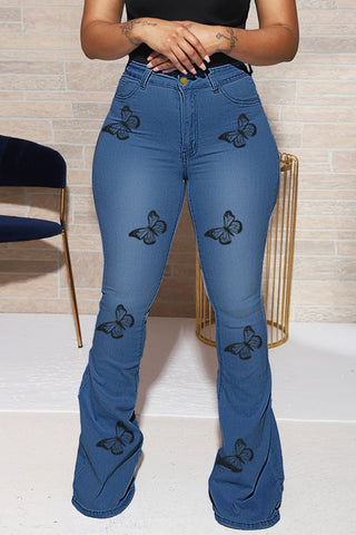 Denim Plus Size Butterfly Print Flared Pants