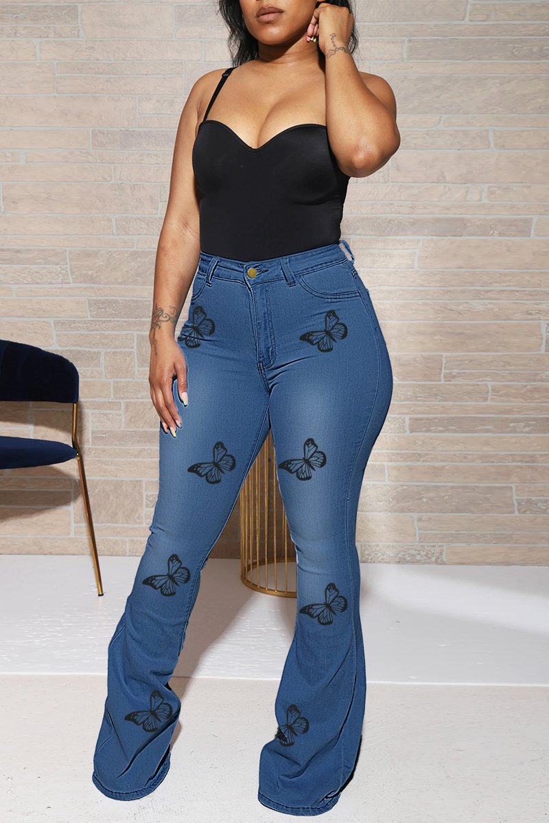 Rodress-freeshipping-denim-plus-size-butterfly-print-flared-pants