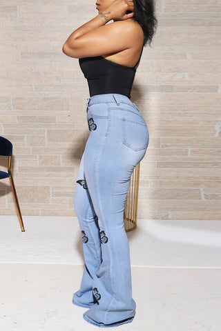 Rodress-freeshipping-denim-plus-size-butterfly-print-flared-pants