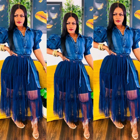 Online-clothing-plus-size-casual-denim-puff-sleeve-sheer-see-through-midi-dress