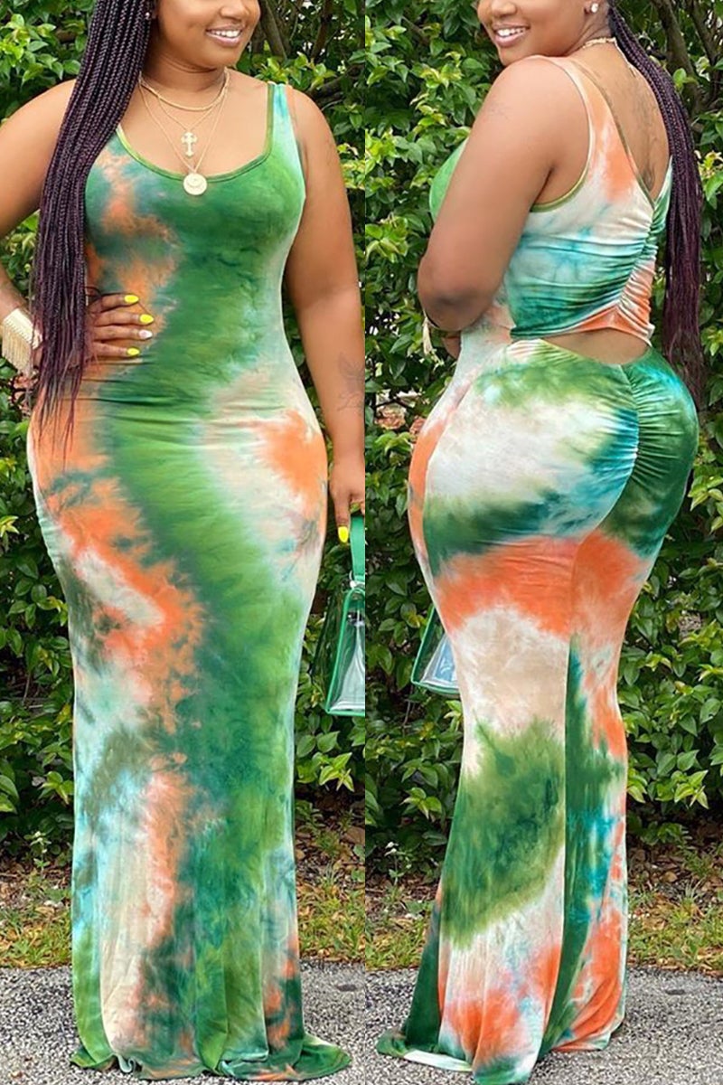 Plus Size Green Printed Sleeveless Dress