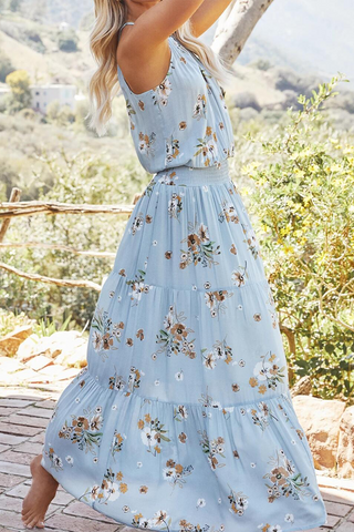 Casual Floral Flounce Fold O Neck A Line Maxi Dresses