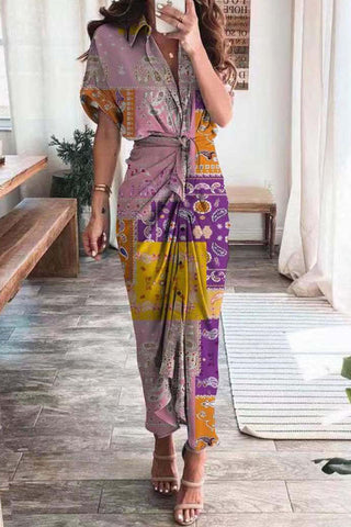 Fashion British Style Print Patchwork Turndown Collar A Line Dresses