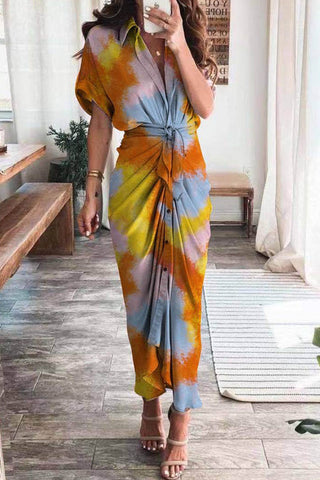 Fashion British Style Print Patchwork Turndown Collar A Line Dresses