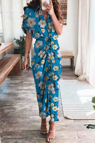 Fashion British Style Print Patchwork Turndown Collar A Line Dresses