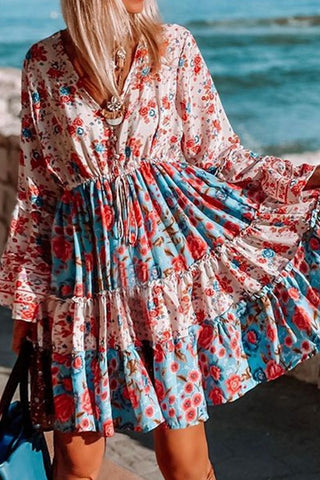 Fashion Street Print Split Joint V Neck A Line Dresses