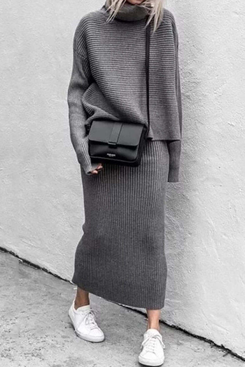 Casual Solid Patchwork Turtleneck Long Sleeve Two Pieces