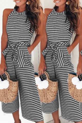 Casual Striped Split Joint O Neck Loose Jumpsuits