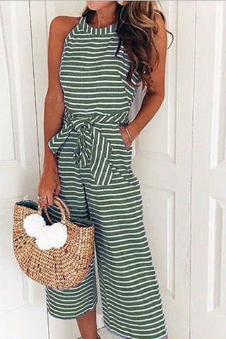 Casual Striped Split Joint O Neck Loose Jumpsuits
