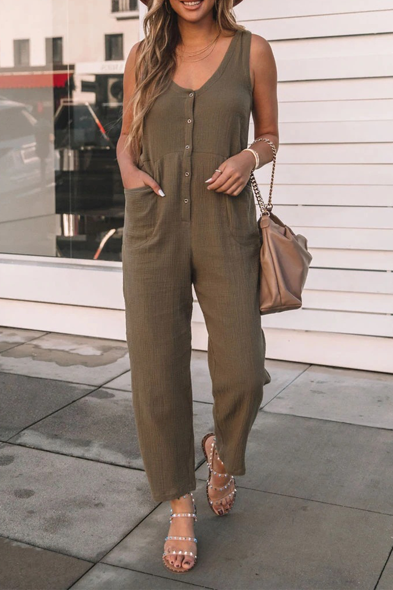 Casual Solid Split Joint U Neck Straight Jumpsuits