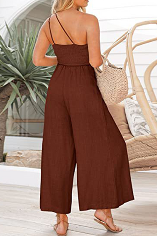 Fashion Solid Patchwork One Shoulder Straight Jumpsuits