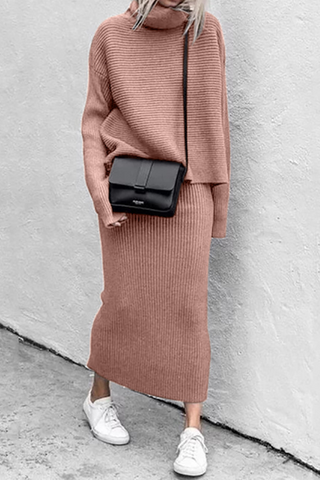 Casual Solid Patchwork Turtleneck Long Sleeve Two Pieces