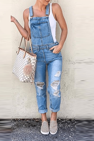 Casual Solid Split Joint Square Collar Sleeveless Harlan Denim Jumpsuits