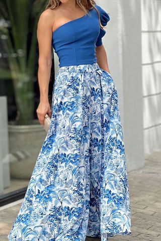 Casual Print Patchwork One Shoulder Sleeveless Two Pieces