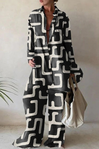 Casual Print Patchwork Turndown Collar Long Sleeve Two Pieces(5 Colors)