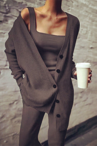 Casual Solid Cardigan Vests Pants Square Collar Long Sleeve Three-piece Set