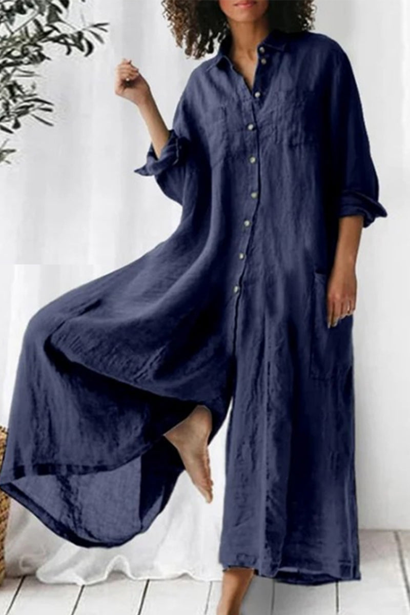 Casual Vacation Solid Pocket Buttons Turndown Collar Loose Jumpsuits