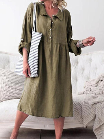 Women's Shirt Dress Midi Dress - Long Sleeve Solid Color Shirt Collar Hot Denim Blue Purple Army Green Orange Khaki S M L XL XXL