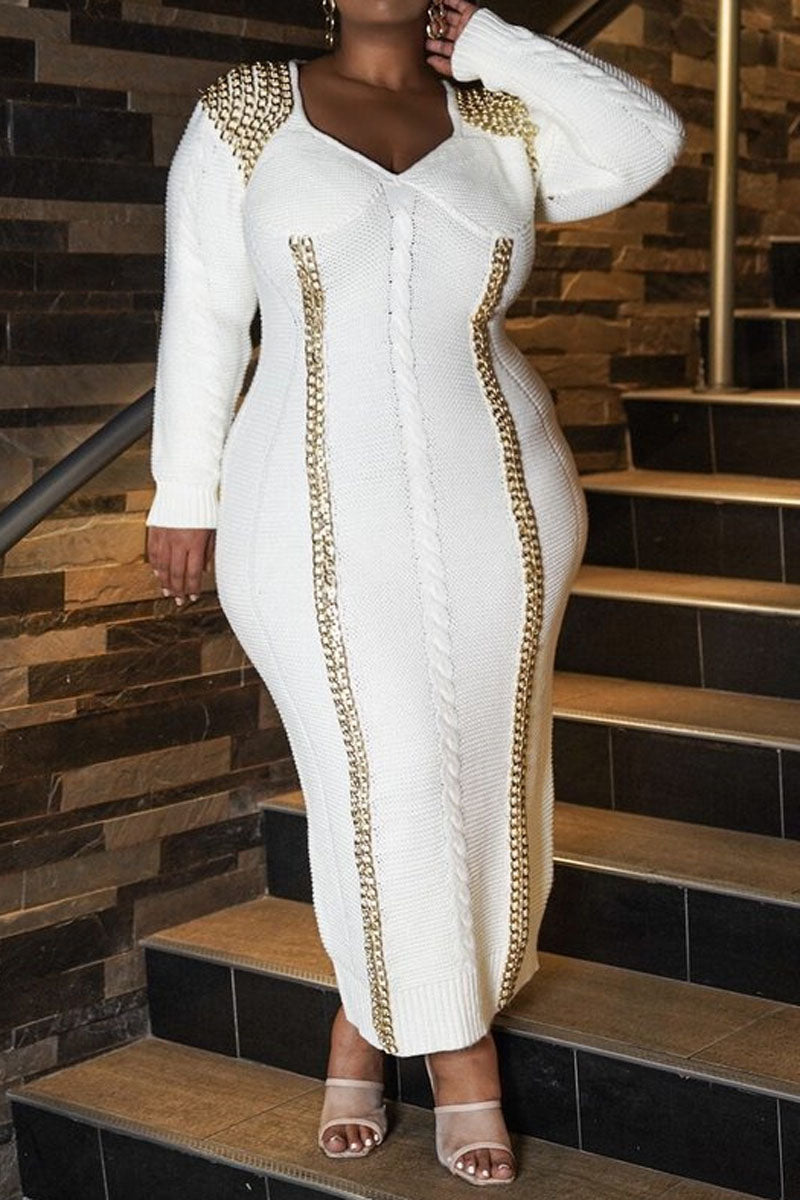 Online-clothing-plus-size-split-joint-long-sleeve-with-golden-chain-knit-sweater-midi-dress
