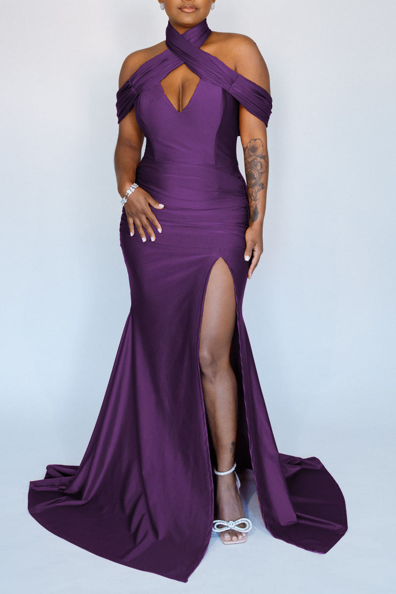 Online-clothing-plus-size-solid-split-joint-hollow-out-trailing-maxi-dress