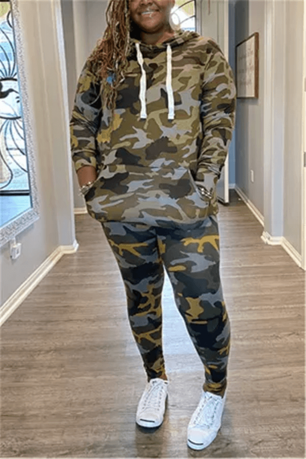 Fashion Casual Hoodie Camouflage Print Plus Size Set