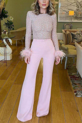 Rodress-dateoutfit-falloutfits-womenclothing-freeshiping-sale-ready-for-vegas-feather-detail-trim-sequin-jumpsuit